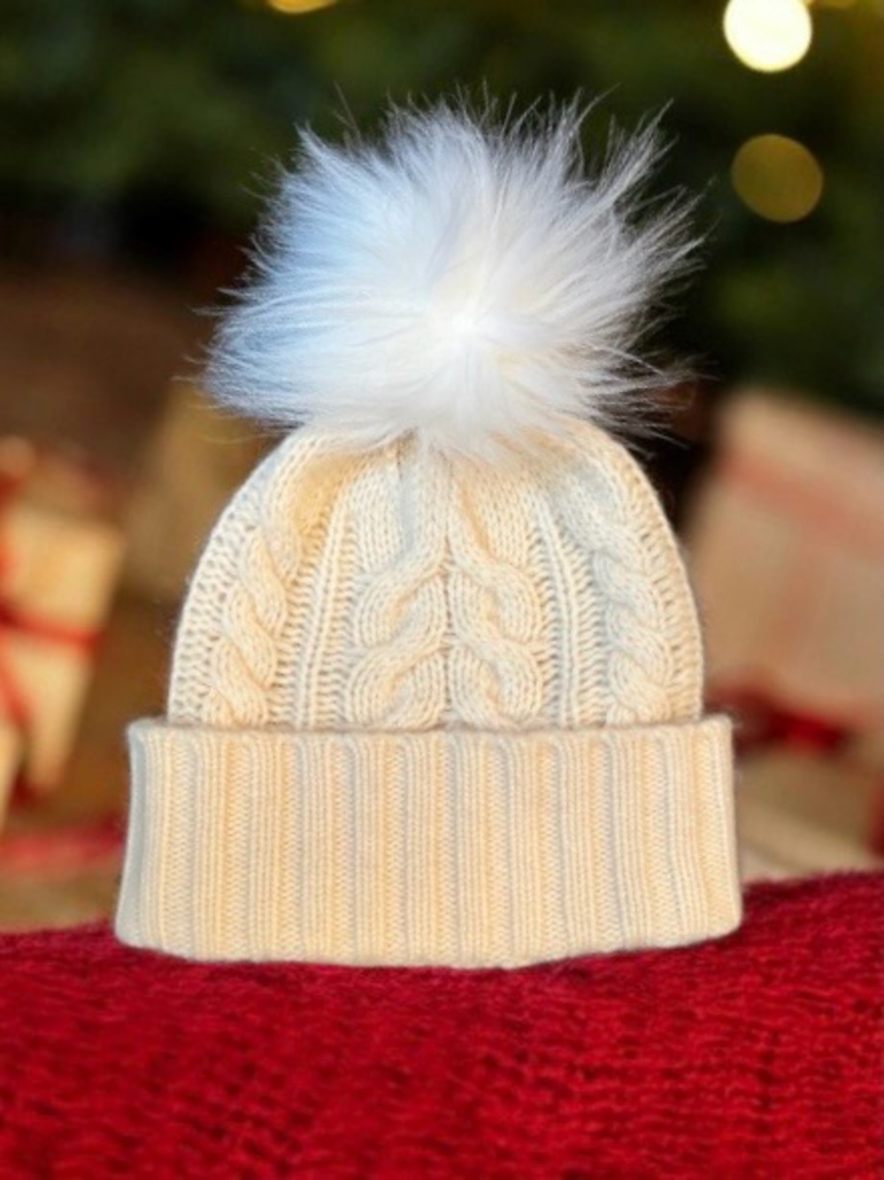 Halogen 100% Cashmere Cream Cable-Knit Beanie with Faux-Fur Pom
